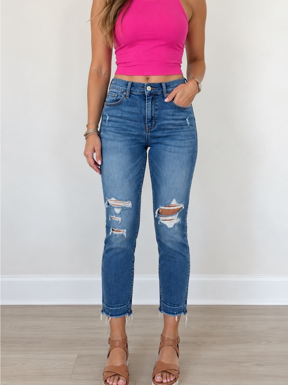 Express Women's Dark Blue Ripped Ankle Jeans